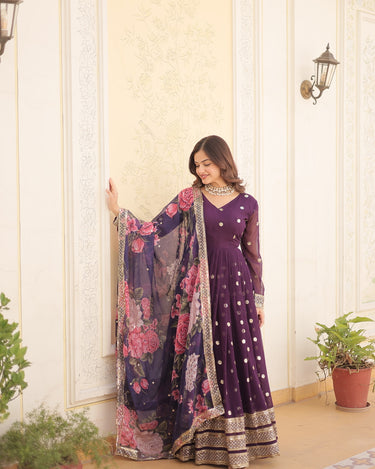Purple Colour Premier Designer Georgette Embroidery Gown 5