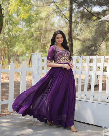 Purple Colour Designer Gown Embroidery Zari Sequins-work Dress