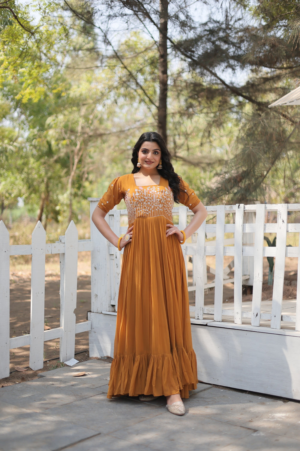Yellow Colour Designer Georgette Multi-threaded Embroidered Gown