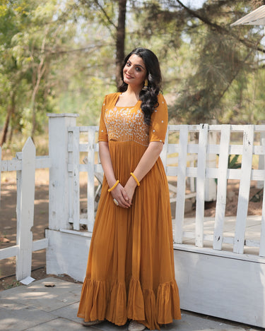 Yellow Colour Designer Georgette Multi-threaded Embroidered Gown 4