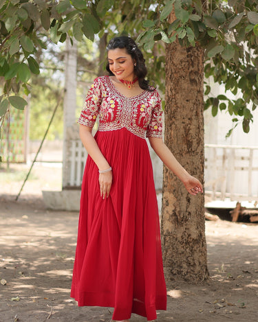 Red Colour Aliya Style Designer Gown with Sequins-work