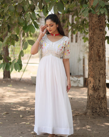 White Colour Aliya Style Designer Gown with Sequins-work 5