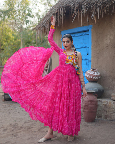Pink Colour Navaratri Special Bandhani Print Gown 4