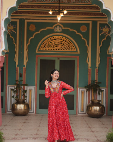 Orange Bandhani Print work with kutchi patchework Dress 1