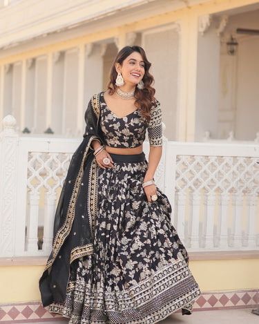 Black Colour Viscose Jacquard With Embroidered Sequins work Lehenga 3