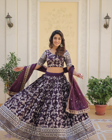 Wine Colour Viscose Jacquard With Embroidered Sequins work Lehenga