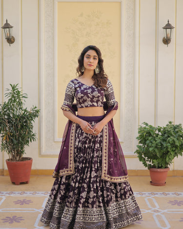 Wine Colour Viscose Jacquard With Embroidered Sequins work Lehenga 2