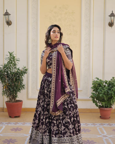 Wine Colour Viscose Jacquard With Embroidered Sequins work Lehenga 3