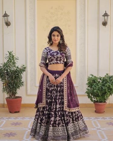 Wine Colour Viscose Jacquard With Embroidered Sequins work Lehenga 1