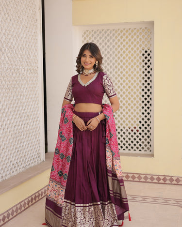 Wine Colour Viscose Jacquard with Gaji Silk Chaniya Choli