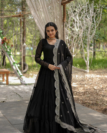 Black Designer Plain Gown with Designer Embroidered Dupatta
