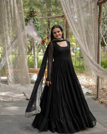 Black Designer Plain Gown with Designer Embroidered Dupatta 1