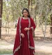 Maroon Designer Plain Gown with Designer Embroidered Dupatta