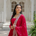 Rani Pink Designer Plain Gown with Designer Embroidered Dupatta 4