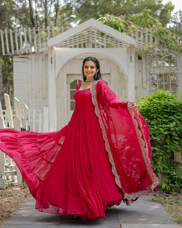 Rani Pink Designer Plain Gown with Designer Embroidered Dupatta 1
