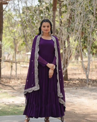 Purple Designer Plain Gown with Designer Embroidered Dupatta 