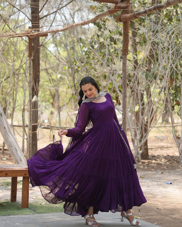 Purple Designer Plain Gown with Designer Embroidered Dupatta 1