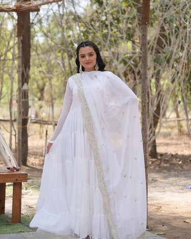White Designer Plain Gown with Designer Embroidered Dupatta 