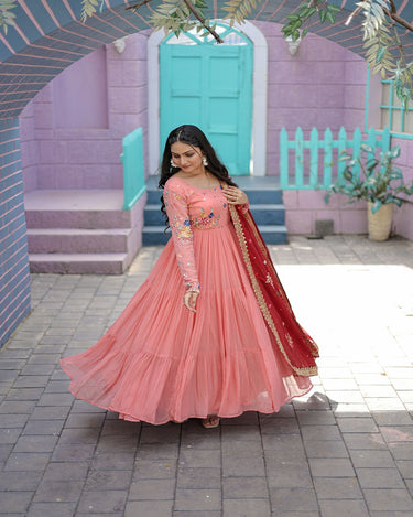  Peach  Faux Georgette Gown with Russian silk Dupatta 3