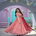  Peach  Faux Georgette Gown with Russian silk Dupatta 1