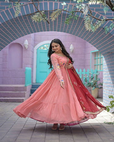  Peach  Faux Georgette Gown with Russian silk Dupatta 1