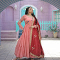  Peach  Faux Georgette Gown with Russian silk Dupatta 2