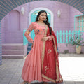  Peach  Faux Georgette Gown with Russian silk Dupatta