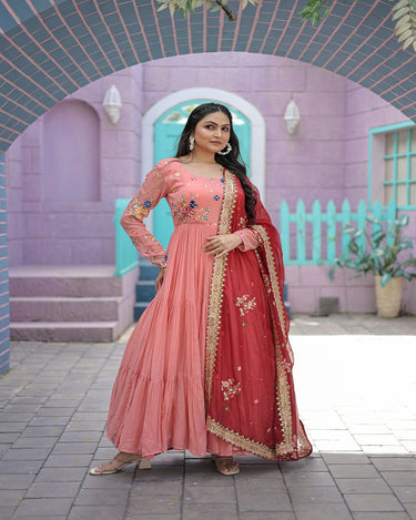  Peach  Faux Georgette Gown with Russian silk Dupatta