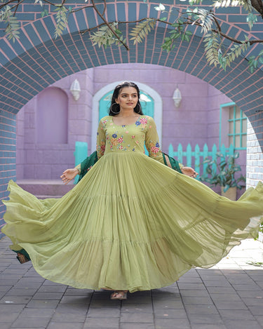 Parrot-Green Faux Georgette Gown with Russian silk Dupatta 6