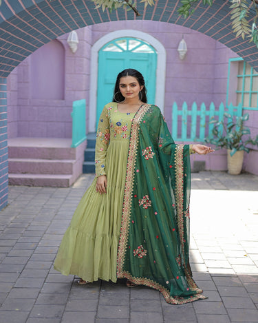 Parrot-Green Faux Georgette Gown with Russian silk Dupatta 2