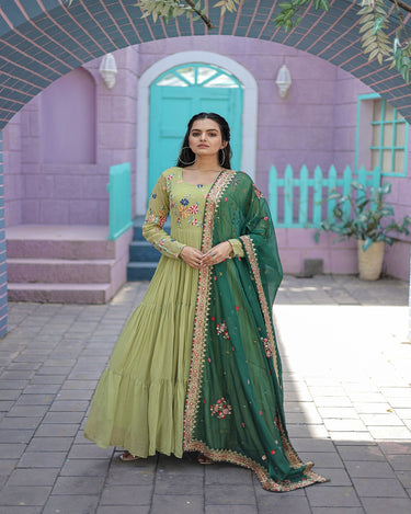 Parrot-Green Faux Georgette Gown with Russian silk Dupatta 4