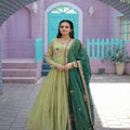 Parrot-Green Faux Georgette Gown with Russian silk Dupatta 3