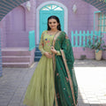 Parrot-Green Faux Georgette Gown with Russian silk Dupatta