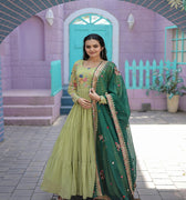 Parrot-Green Faux Georgette Gown with Russian silk Dupatta