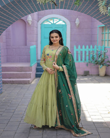 Parrot-Green Faux Georgette Gown with Russian silk Dupatta