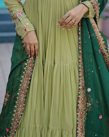 Parrot-Green Faux Georgette Gown with Russian silk Dupatta 5