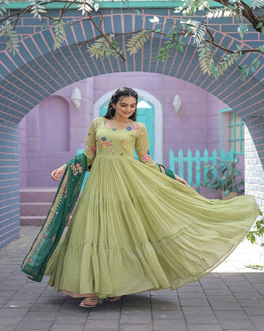 Parrot-Green Faux Georgette Gown with Russian silk Dupatta 7