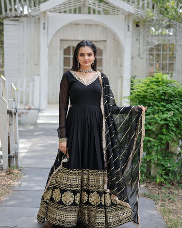 Black Designer Multi-Sequins Work Gown with Dupatta