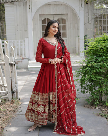 Maroon Designer Multi-Sequins Work Gown with Dupatta