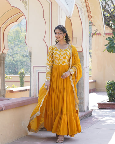Yellow Colour Designer Festival special Viscose Sequins Embroidered Work Gown 3