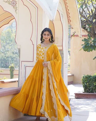 Yellow Colour Designer Festival special Viscose Sequins Embroidered Work Gown