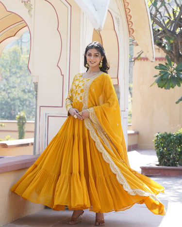 Yellow Colour Designer Festival special Viscose Sequins Embroidered Work Gown 2