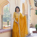 Yellow Colour Designer Festival special Viscose Sequins Embroidered Work Gown 1