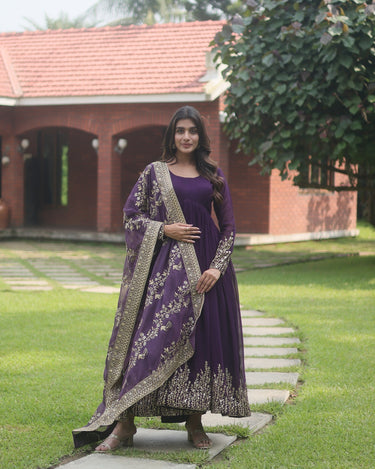 Purple Designer Multi Embroidery Gown Set 