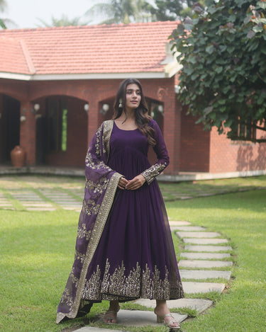 Purple Designer Multi Embroidery Gown Set  2