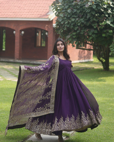 Purple Designer Multi Embroidery Gown Set  3