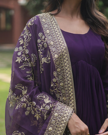 Purple Designer Multi Embroidery Gown Set  5