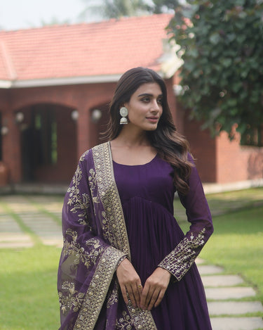 Purple Designer Multi Embroidery Gown Set  4