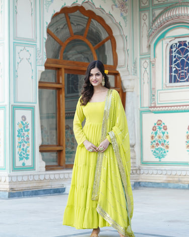 Yellow Designer Wedding Special Fully Flair Georgette Gown 3
