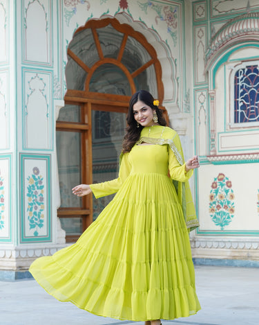 Yellow Designer Wedding Special Fully Flair Georgette Gown 4